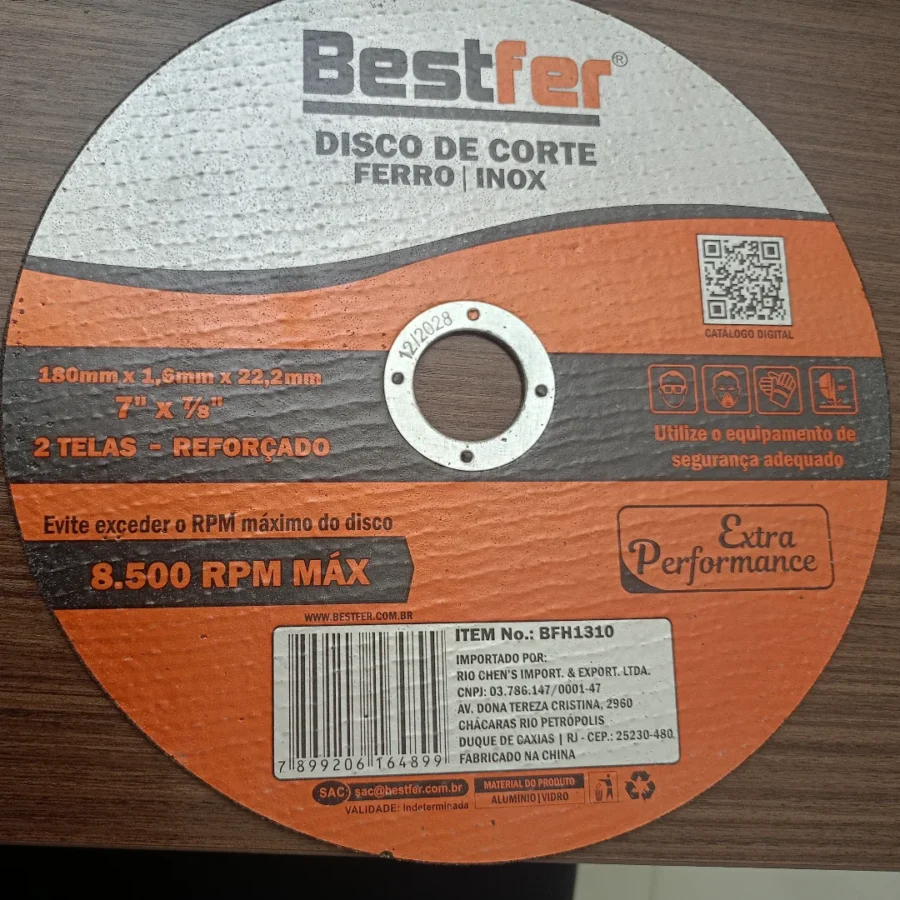 DISCO DE CORTE FERRO INOX 180MMX1,6MMX22,2MM 7”X7/8”